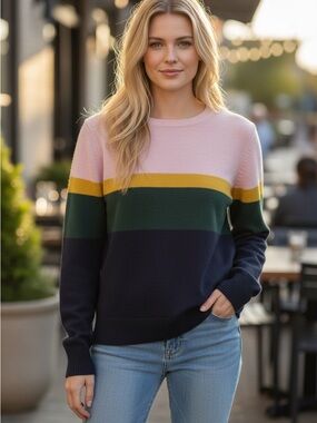 Ann Taylor Pink Mustard Green Navy Colorblock Crewneck Sweater